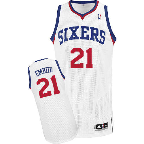 Joel Embiid Authentic In White Adidas NBA Philadelphia 76ers #21 Men's Home Jersey - Click Image to Close