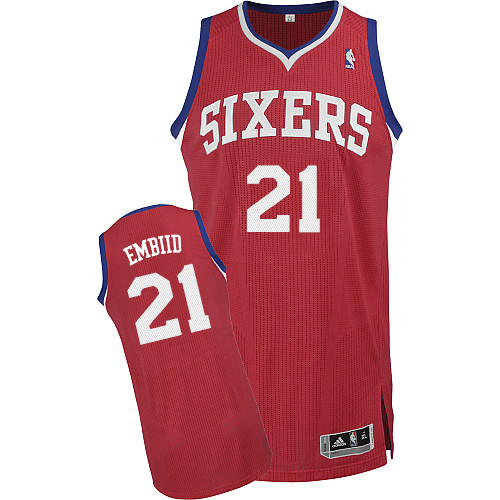 Joel Embiid Authentic In Red Adidas NBA Philadelphia 76ers #21 Men's Road Jersey - Click Image to Close