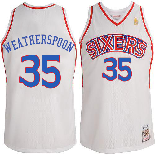 Clarence Weatherspoon Authentic In White Adidas NBA Philadelphia 76ers #35 Men's Throwback Jersey - Click Image to Close