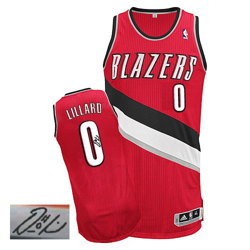 Damian Lillard Authentic In Red Adidas NBA Portland Trail Blazers Autographed #0 Men's Alternate Jersey - Click Image to Close