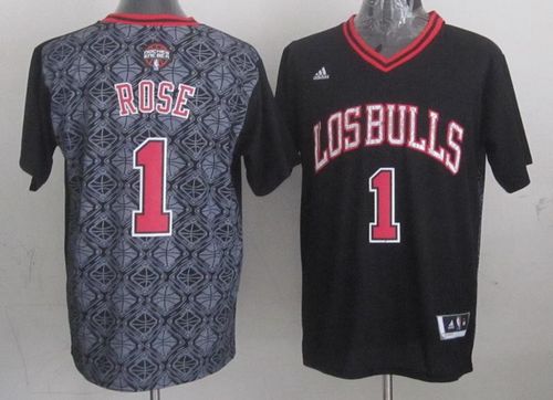 Derrick Rose Authentic In Black Adidas NBA Chicago Bulls New Latin Nights #1 Men's Jersey - Click Image to Close