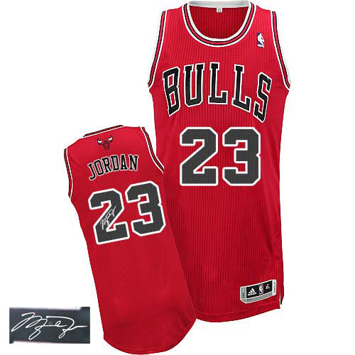 Michael Jordan Authentic In Red Adidas NBA Chicago Bulls Autographed #23 Men's Road Jersey - Click Image to Close