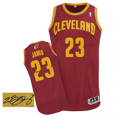 LeBron James Authentic In Wine Red Adidas NBA Cleveland Cavaliers Autographed #23 Men's Road Jersey - Click Image to Close