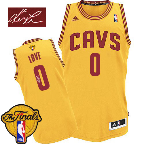 Kevin Love Authentic In Gold Adidas NBA The Finals Cleveland Cavaliers Autographed #0 Men's Alternate Jersey - Click Image to Close