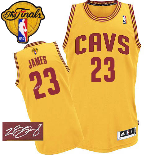 LeBron James Authentic In Gold Adidas NBA The Finals Cleveland Cavaliers Autographed #23 Men's Alternate Jersey - Click Image to Close