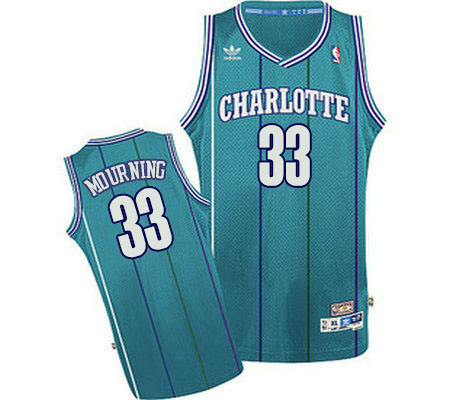Alonzo Mourning Swingman In Light Blue Adidas NBA Charlotte Hornets #33 Men's Throwback Jersey - Click Image to Close