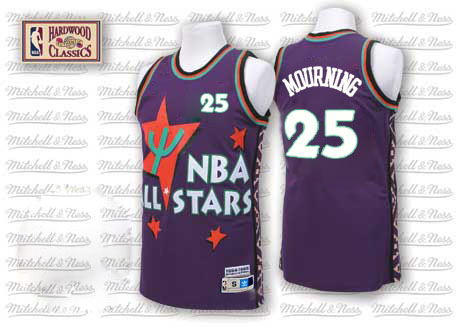 Alonzo Mourning Authentic In Purple Adidas NBA Charlotte Hornets 1995 All Star #25 Men's Throwback Jersey - Click Image to Close