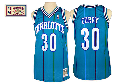 Dell Curry Authentic In Light Blue Mitchell and Ness NBA Charlotte Hornets #30 Men's Throwback Jersey - Click Image to Close