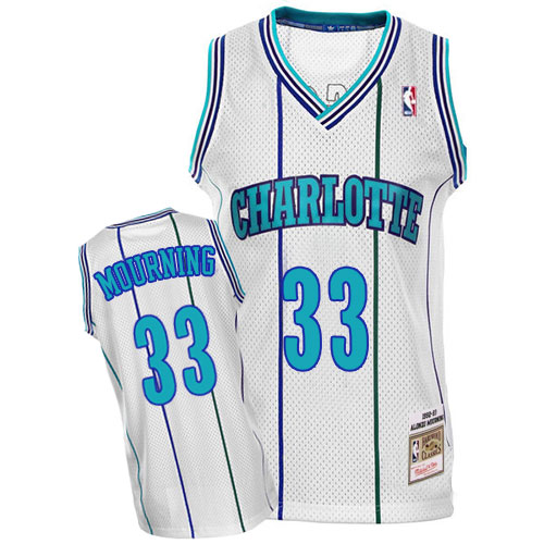 Alonzo Mourning Authentic In White Mitchell and Ness NBA Charlotte Hornets #33 Men's Throwback Jersey