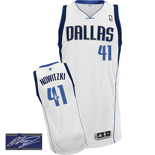 Dirk Nowitzki Authentic In White Adidas NBA Dallas Mavericks Autographed #41 Men's Home Jersey - Click Image to Close