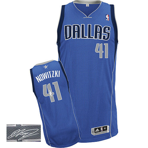 Dirk Nowitzki Authentic In Royal Blue Adidas NBA Dallas Mavericks Autographed #41 Men's Road Jersey - Click Image to Close