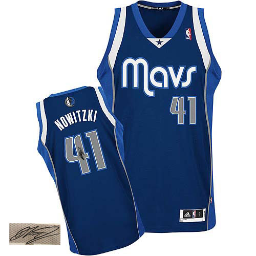 Dirk Nowitzki Authentic In Navy Blue Adidas NBA Dallas Mavericks Autographed #41 Men's Alternate Jersey - Click Image to Close