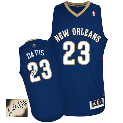 Anthony Davis Authentic In Navy Blue Adidas NBA New Orleans Pelicans Autographed #23 Men's Road Jersey - Click Image to Close
