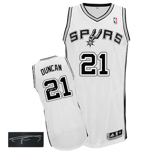 Tim Duncan Authentic In White Adidas NBA San Antonio Spurs Autographed #21 Men's Home Jersey - Click Image to Close