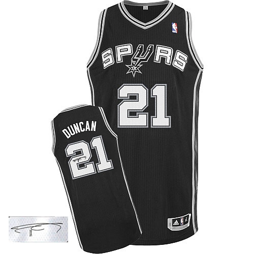 Tim Duncan Authentic In Black Adidas NBA San Antonio Spurs Autographed #21 Men's Road Jersey - Click Image to Close