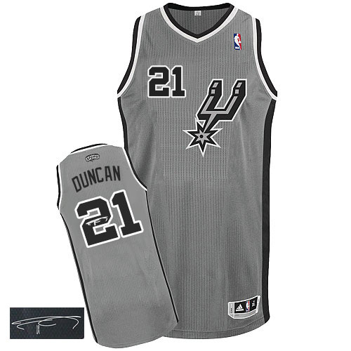 Tim Duncan Authentic In Silver Grey Adidas NBA San Antonio Spurs Autographed #21 Men's Alternate Jersey - Click Image to Close