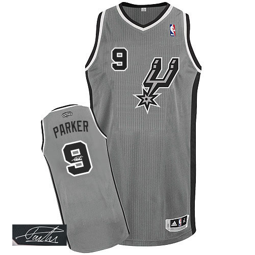 Tony Parker Authentic In Silver Grey Adidas NBA San Antonio Spurs Autographed #9 Men's Alternate Jersey