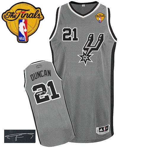 Tim Duncan Authentic In Silver Grey Adidas NBA Finals San Antonio Spurs Autographed #21 Men's Alternate Jersey
