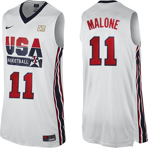 Karl Malone Swingman In White Nike Basketball Team USA 2012 Olympic Retro #11 Men's Throwback Jersey - Click Image to Close